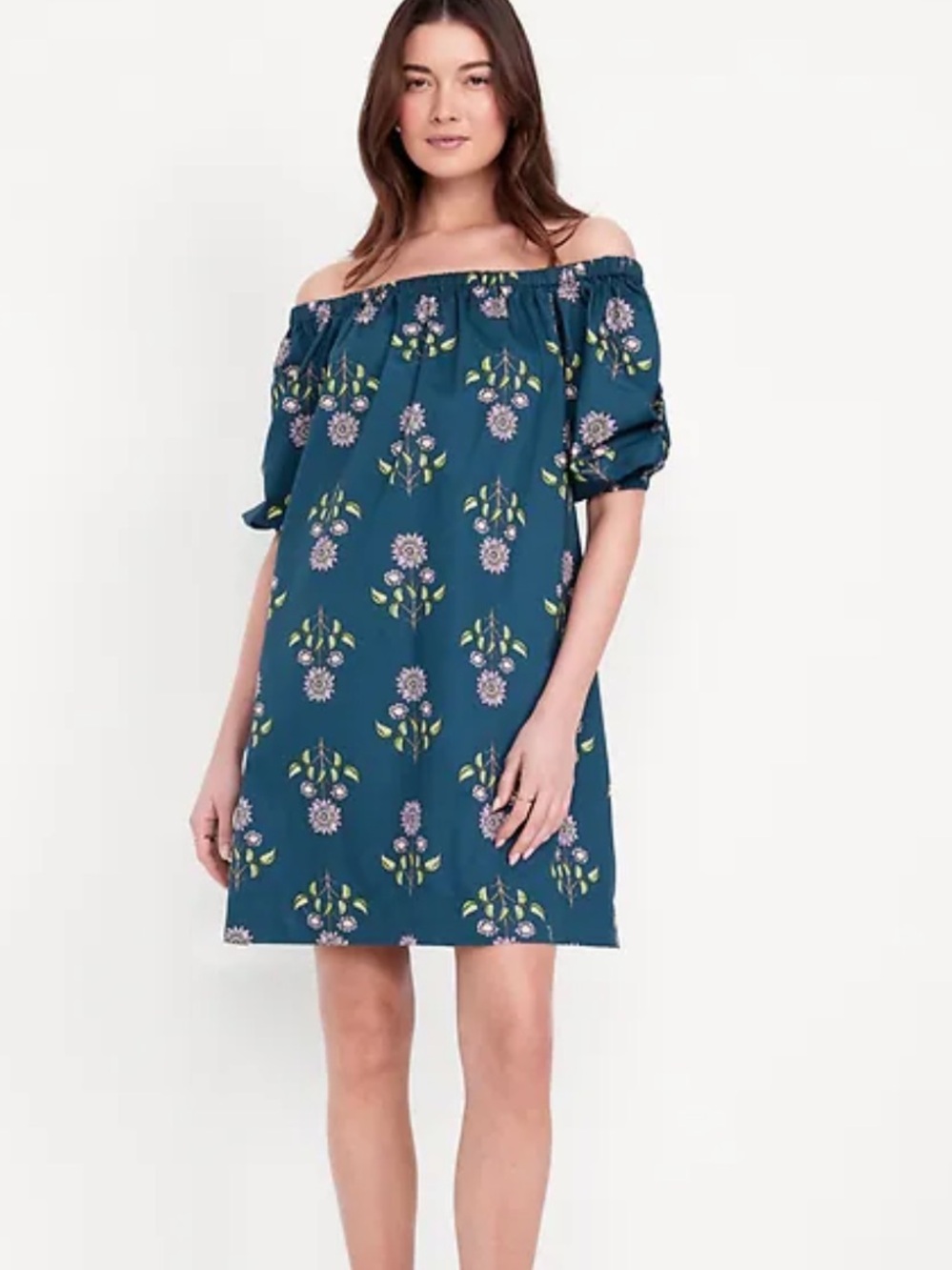 Old Navy Floral Swing Dress Medium Teal Off Shoulder Boho Mini